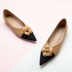 Elegant Beige Leather Flats with Camellia Embellishment