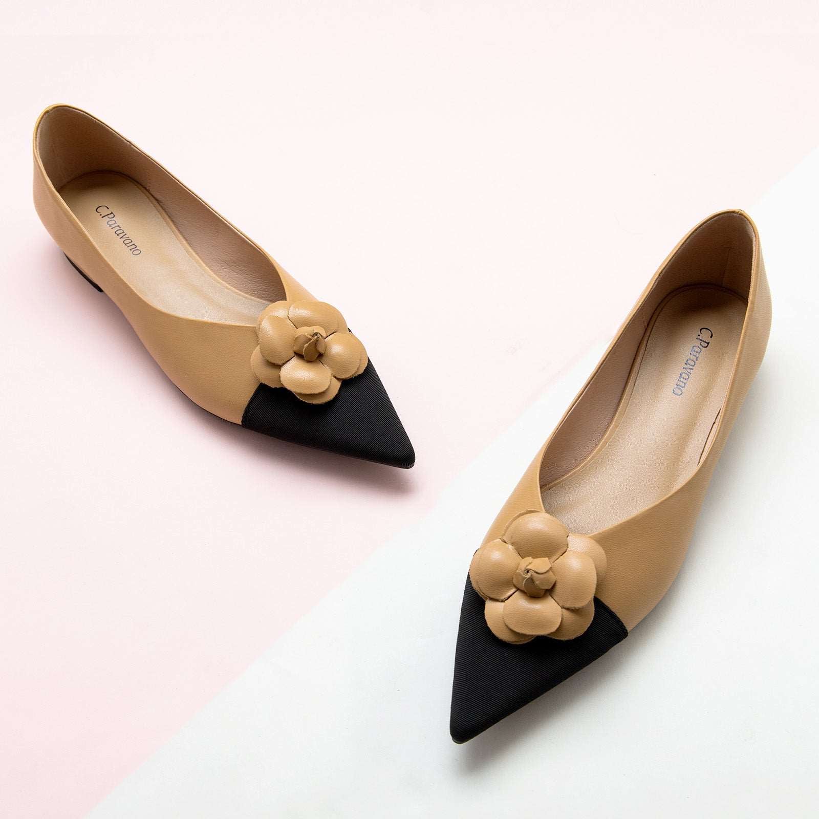 Elegant Beige Leather Flats with Camellia Embellishment