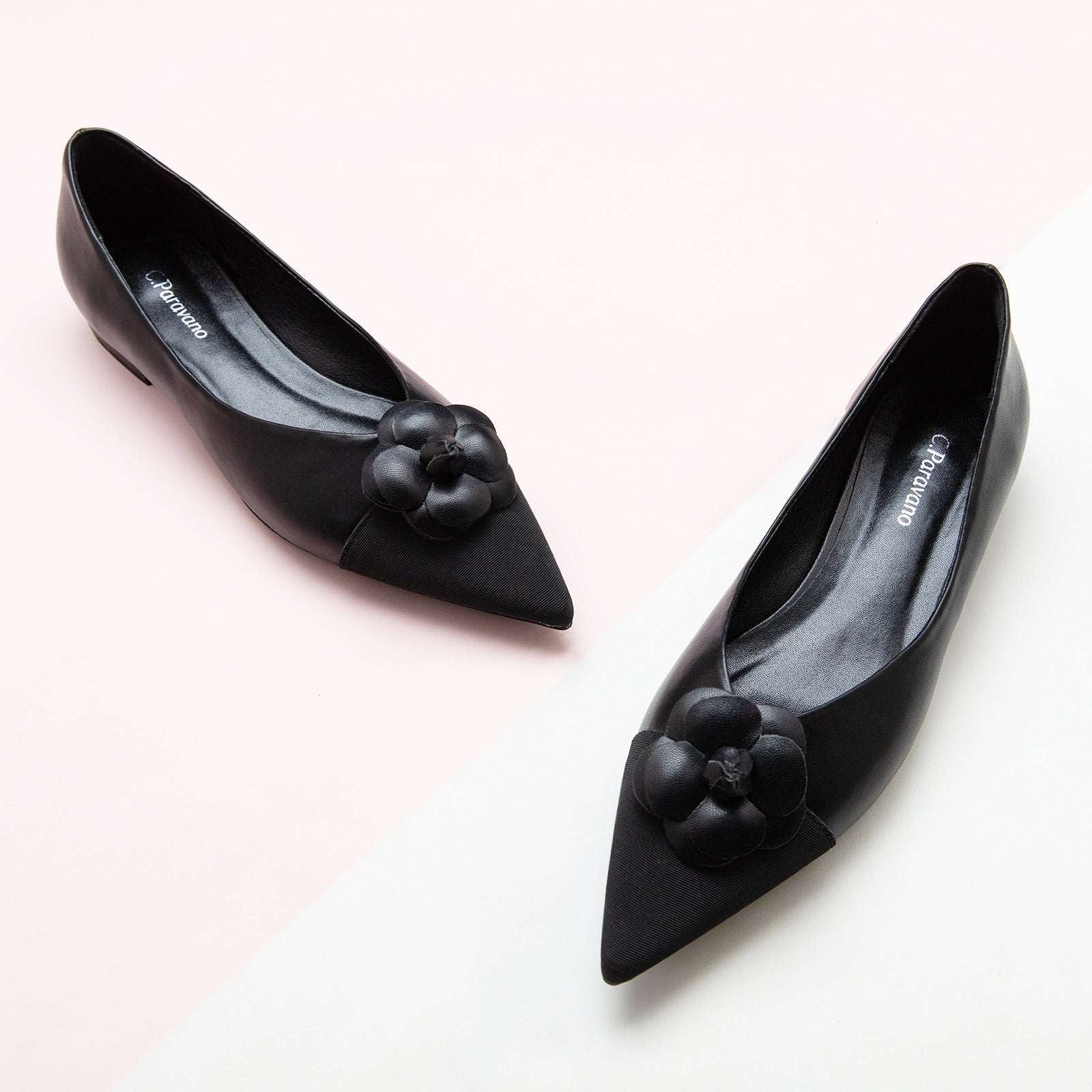 Elegant Black Leather Flats with Camellia Embellishment.