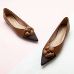 Brown Camellia Soft Leather Flats Shoes for Women: