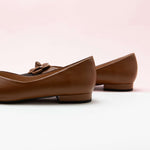Elegant Brown Leather Flats with Camellia Embellishment