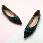 Green Camellia Soft Leather Flats Shoes for Women: