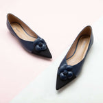 Navy Camellia Soft Leather Flats Shoes for Women