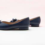 Elegant Navy Leather Flats with Camellia Embellishment