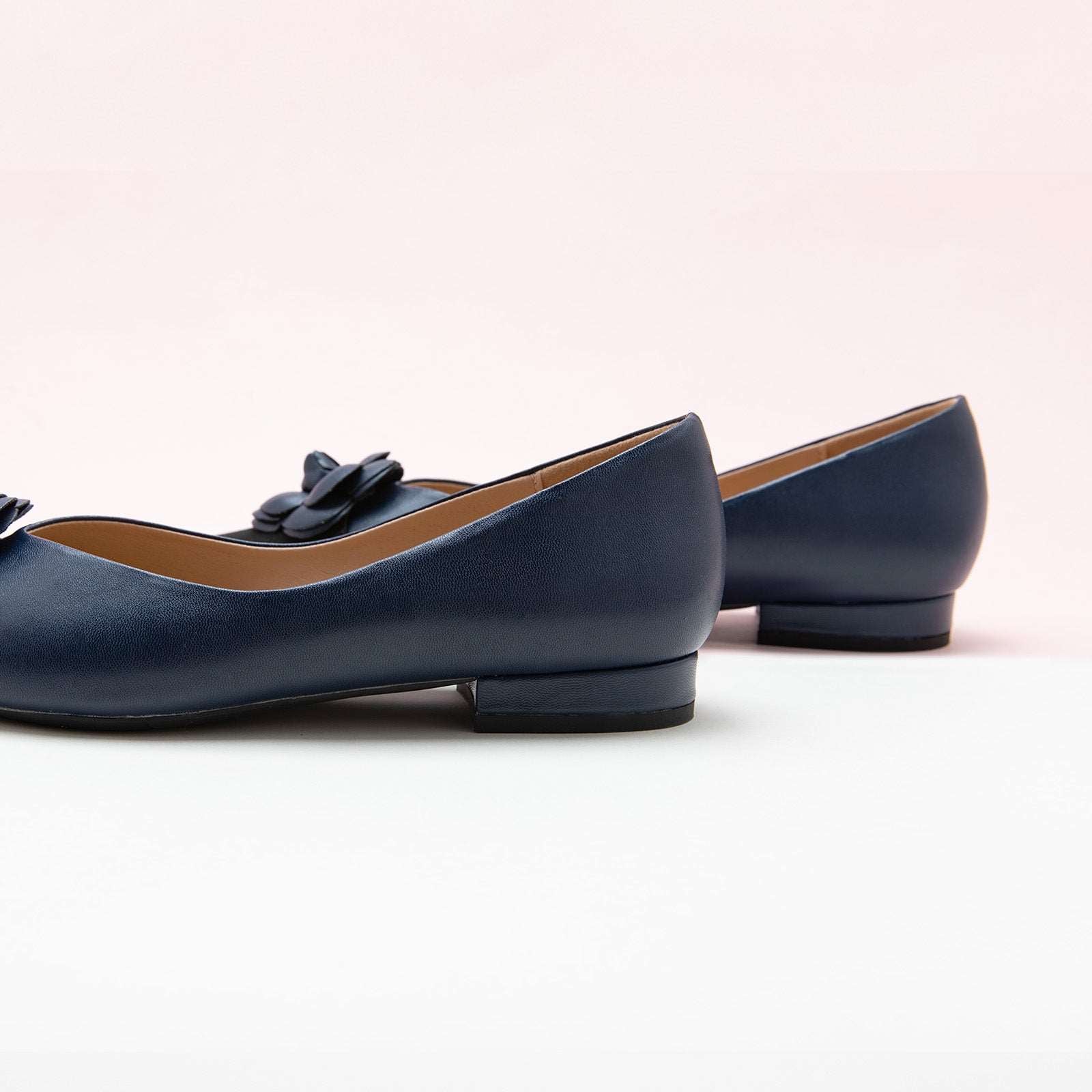 Elegant Navy Leather Flats with Camellia Embellishment