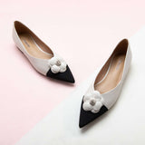 Elegant White Leather Flats with Camellia Embellishment