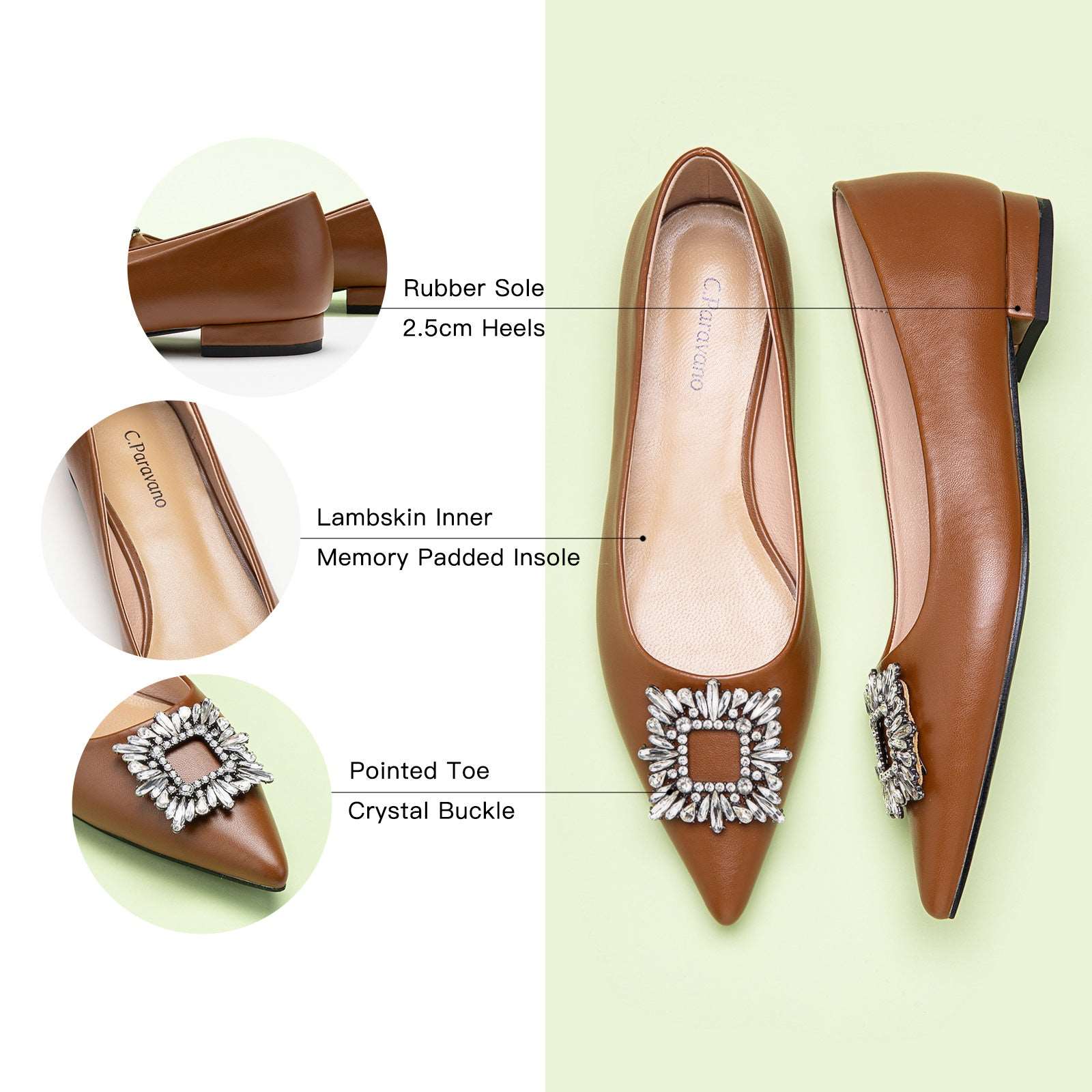 Step into timeless elegance with these brown flats featuring a crystal buckle, perfect for a polished and refined look.
