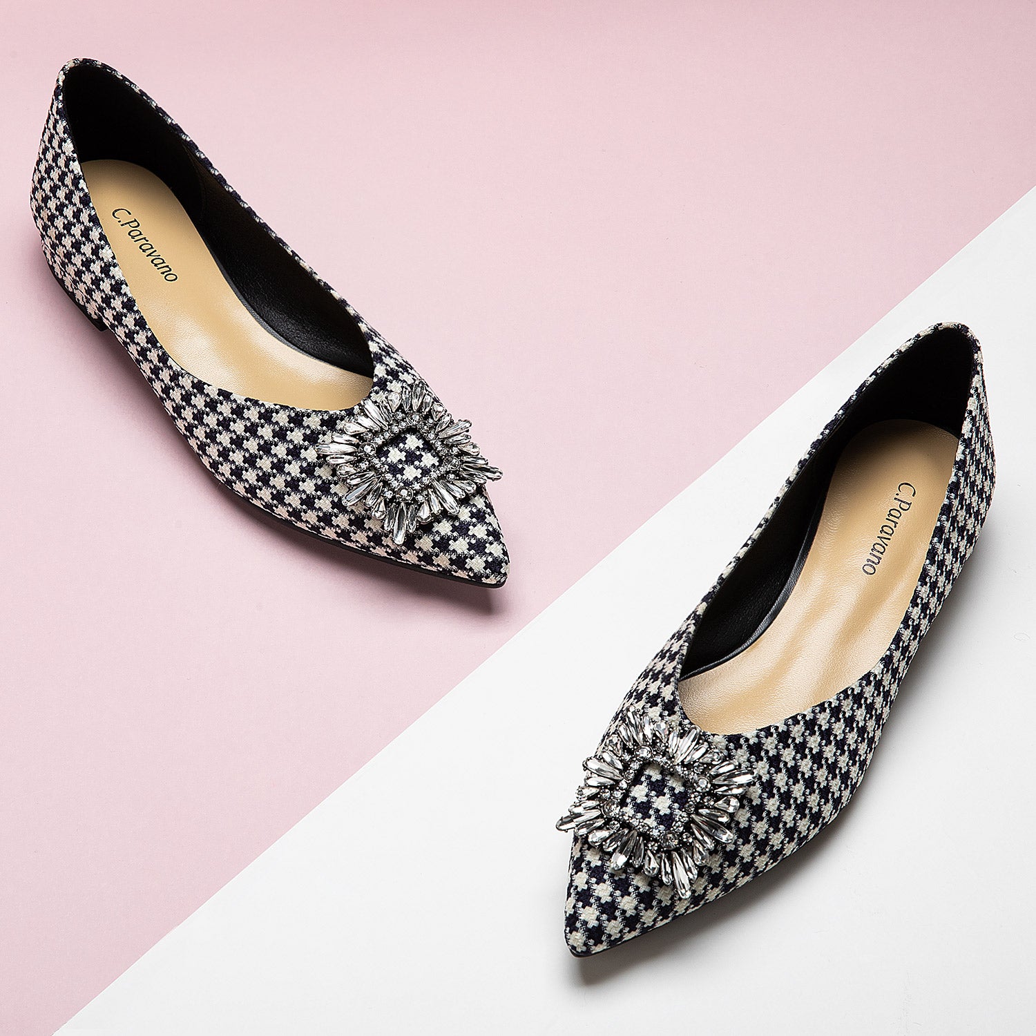 Sophisticated Patterns: Houndstooth Tweed Flats for women, a stylish choice for a polished and refined look
