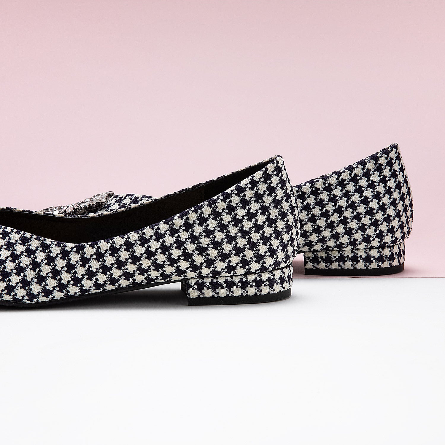 Houndstooth Embellished Tweed Flats, blending classic patterns with contemporary flair