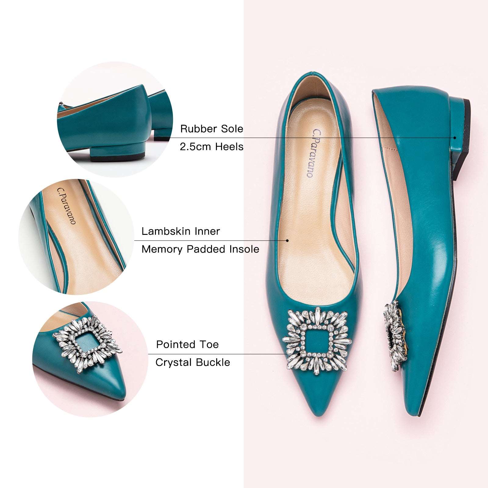 Embrace classic and versatile style with these blue flats, featuring a delightful crystal buckle detail for a timeless look.