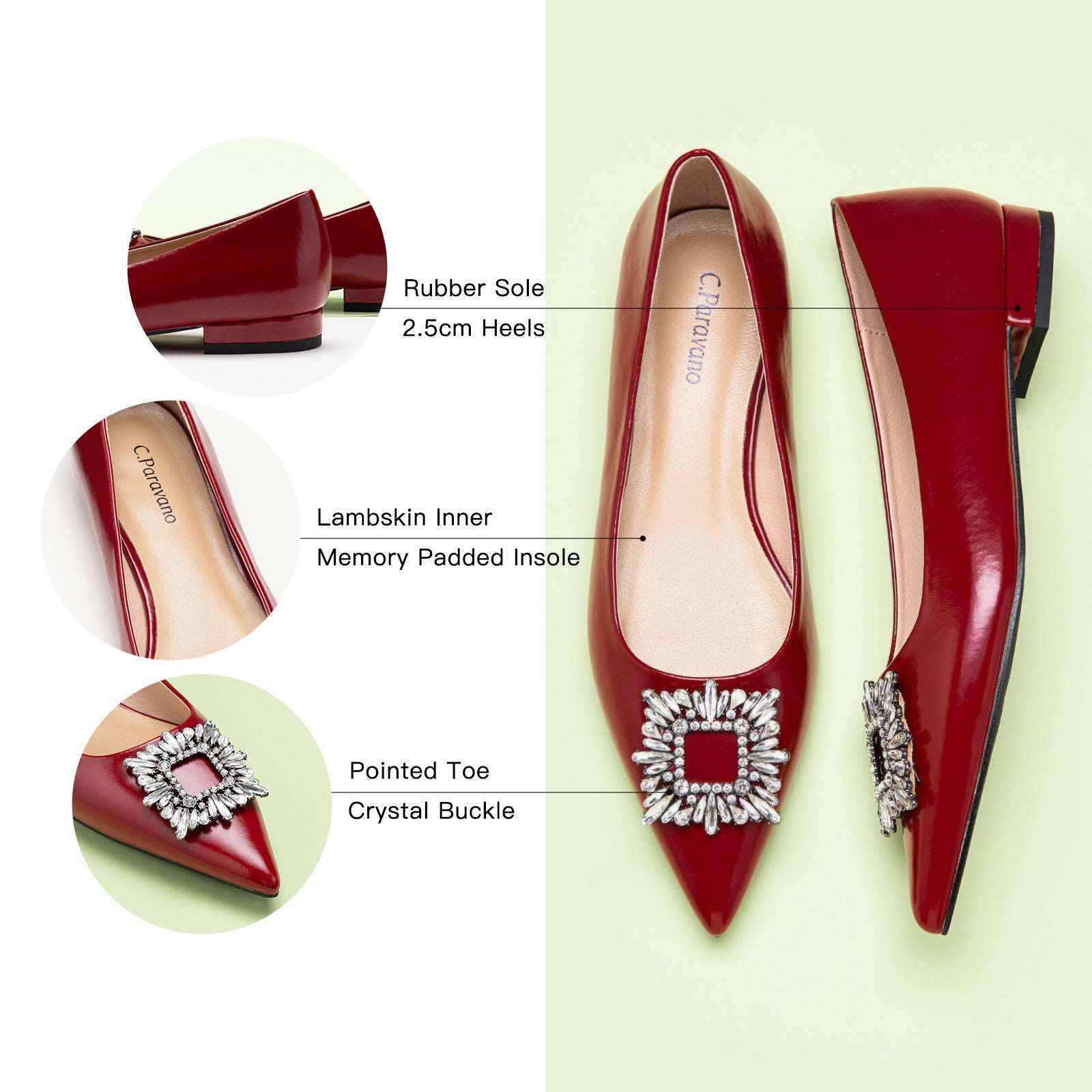 Red Crystal Buckle Embellished Flats: Classic with a Twist