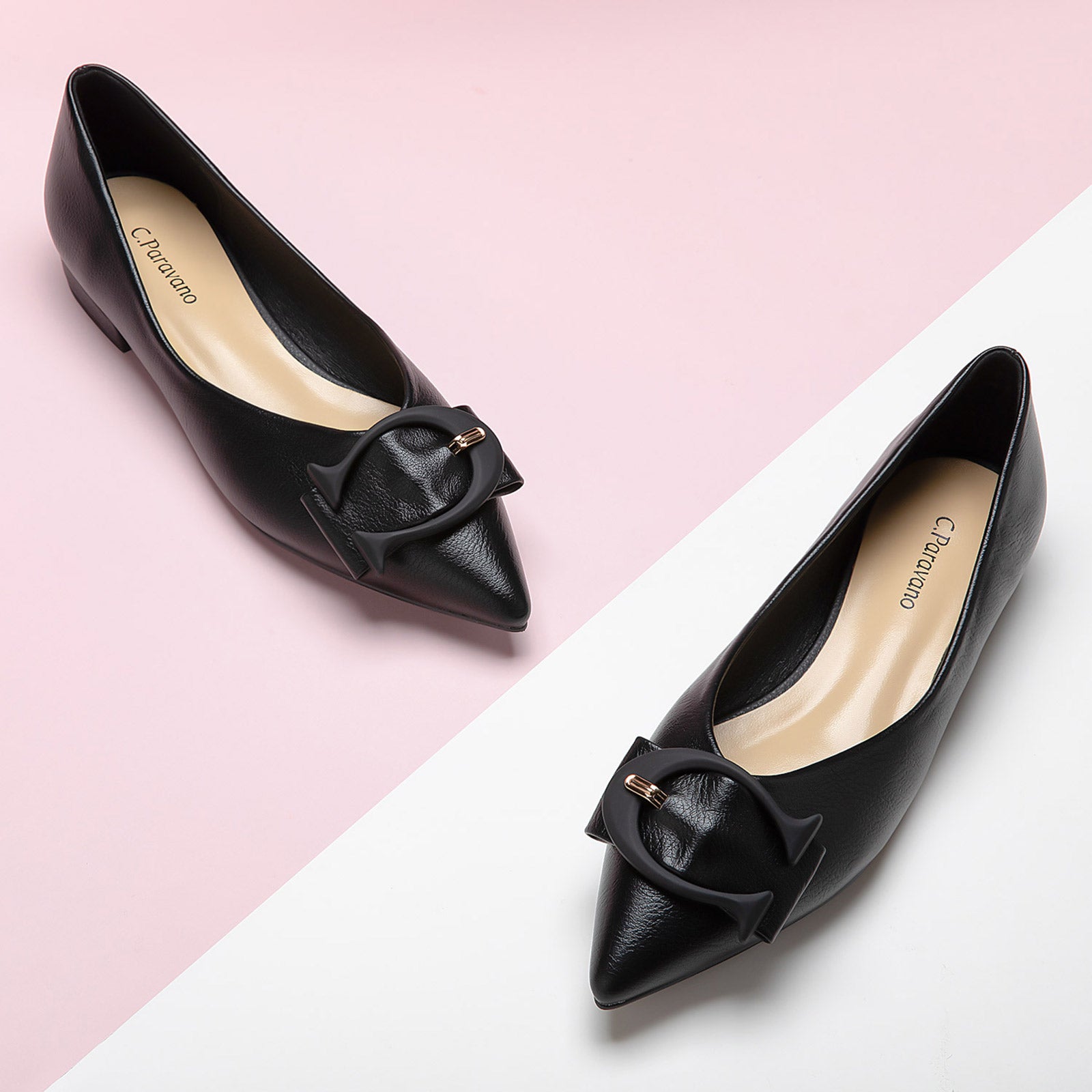 Black Point Toe Flats in Grain Leather, a modern and stylish option for urban fashion enthusiasts