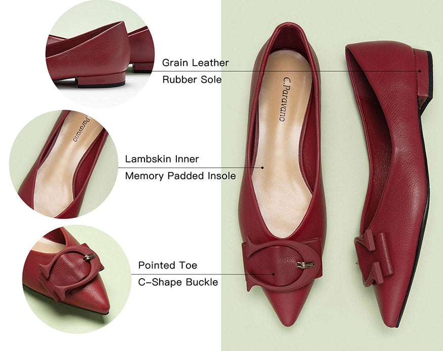Chic and sophisticated red point-toe flats in genuine leather