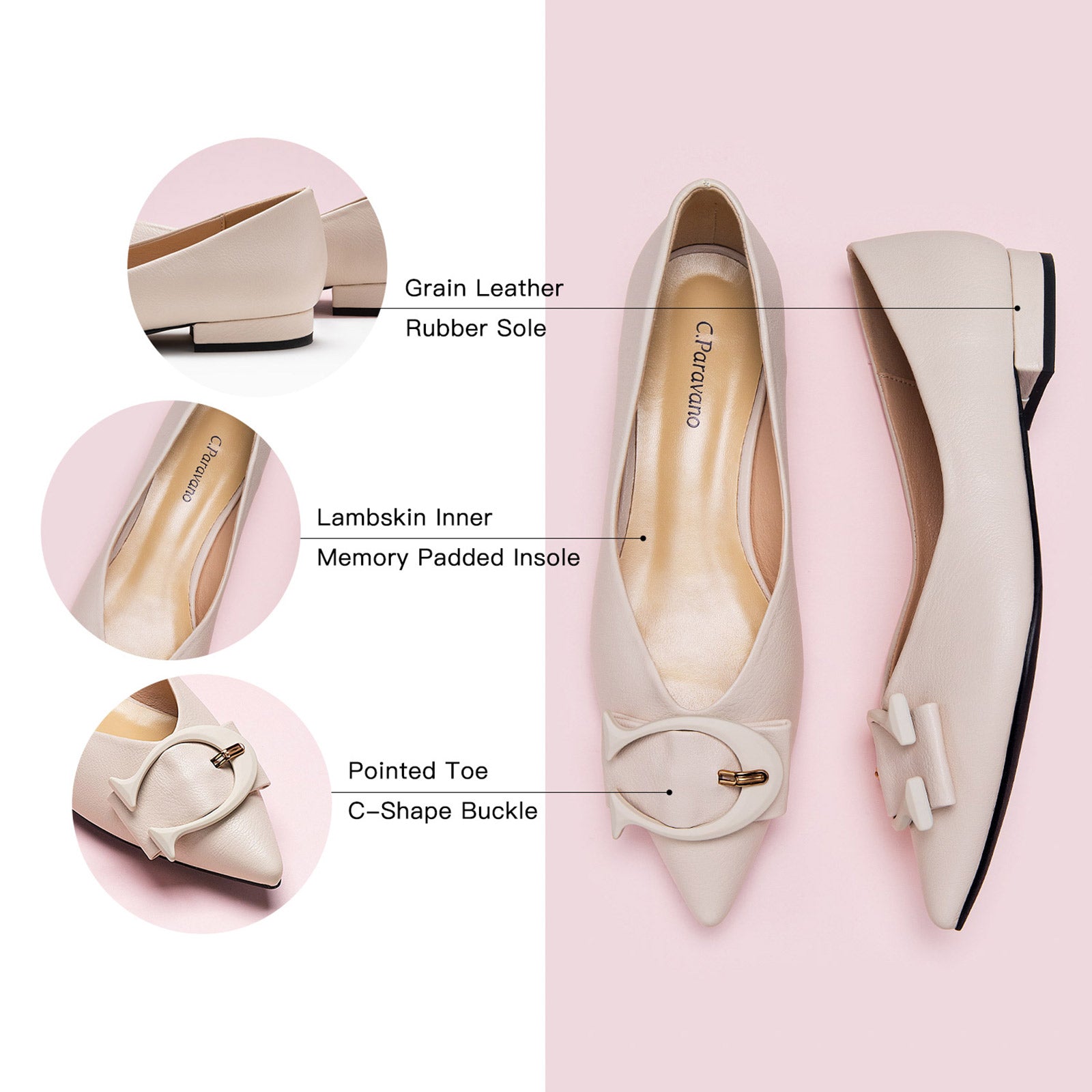 Pure and Simple: Grain Leather Point Toe Flats in White, providing a clean and contemporary touch to your ensemble