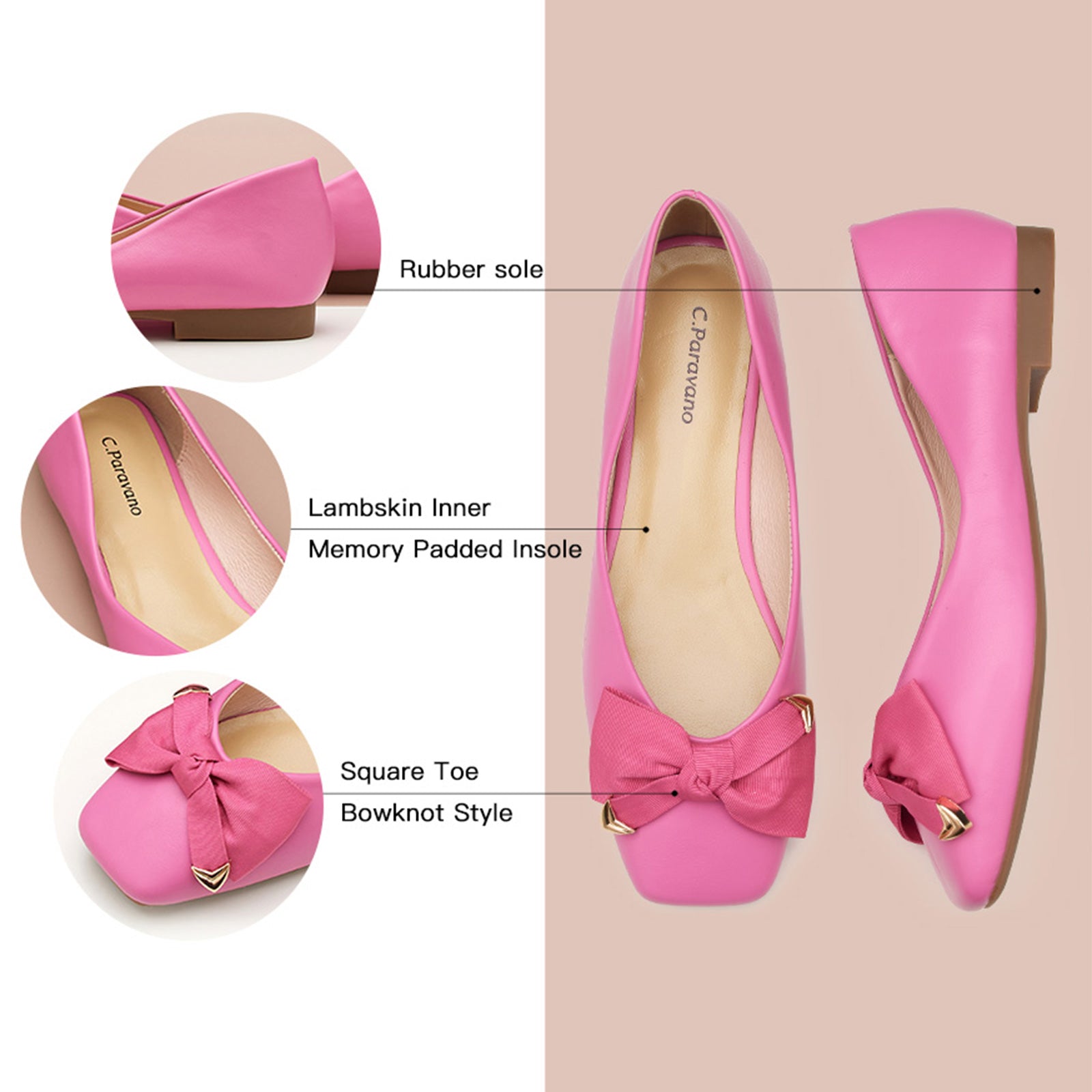 Hot Pink Bowknot Square Flats: Vibrant and Trendy.