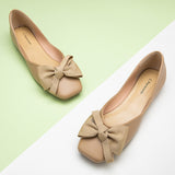Timeless beige square-toe flats featuring a graceful bowknot, meticulously crafted from soft leather for a classic and versatile look