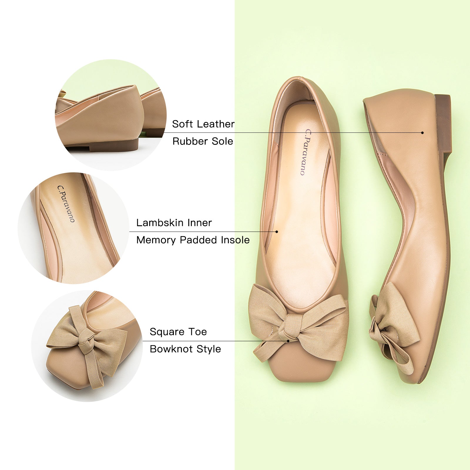 Subtle and refined, these beige square-toe flats are enhanced with a delicate bowknot, designed in soft leather for a comfortable and elegant finish.