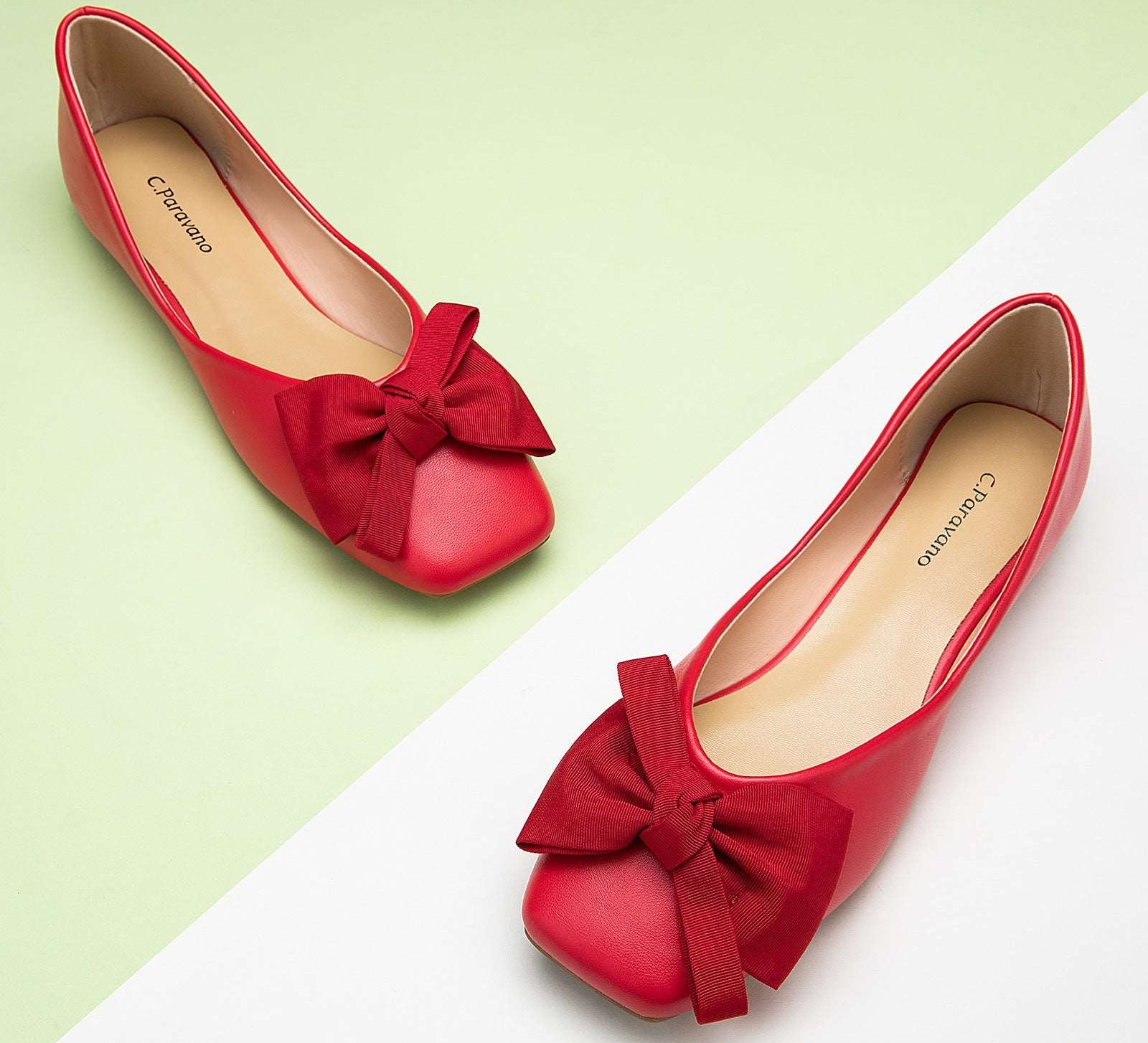 Striking Red Bowknot Square Flats in Soft Leather