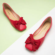 Striking Red Bowknot Square Flats in Soft Leather