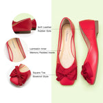 Step out in style with these trendy square-toe flats in a fashionable red shade, highlighting a playful bowknot detail and soft leather construction.