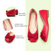 Step out in style with these trendy square-toe flats in a fashionable red shade, highlighting a playful bowknot detail and soft leather construction.