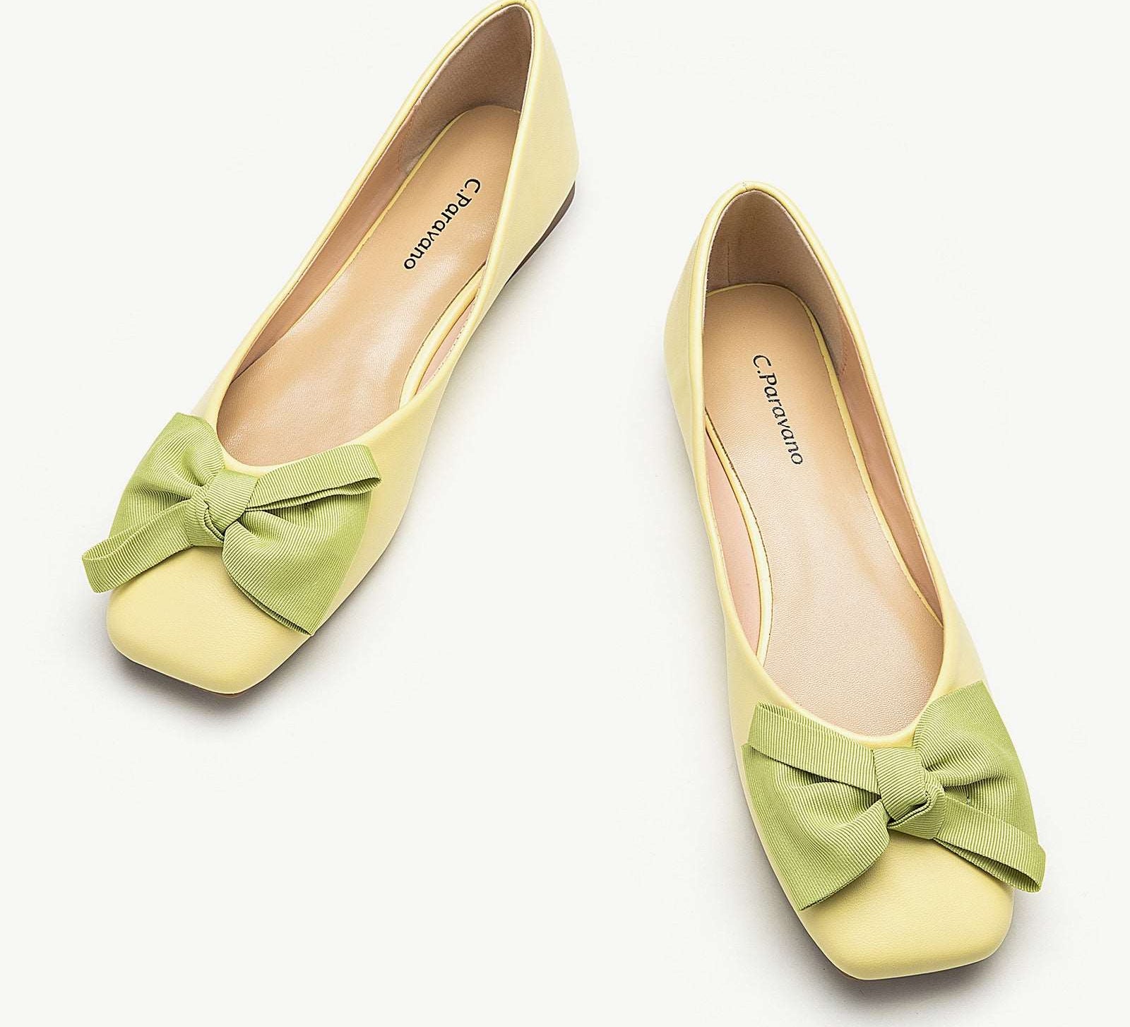 Green Bowknot Square Flats Soft Leather: