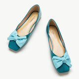 Elegant peacock blue square flats adorned with a stylish bowknot.