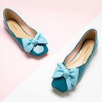 Chic peacock blue bowknot square flats for a fashionable touch
