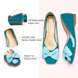Square-toe flats in striking peacock blue featuring a fashionable bowknot