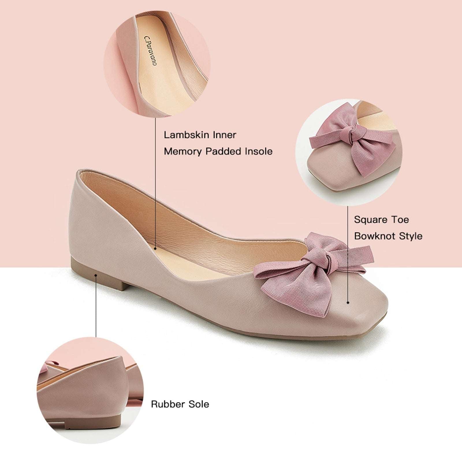 Embrace a rosy outlook with these square-toe flats in a lovely pink shade, complete with a delightful bowknot accent and crafted from soft leather for a fresh and fashionable appearance.