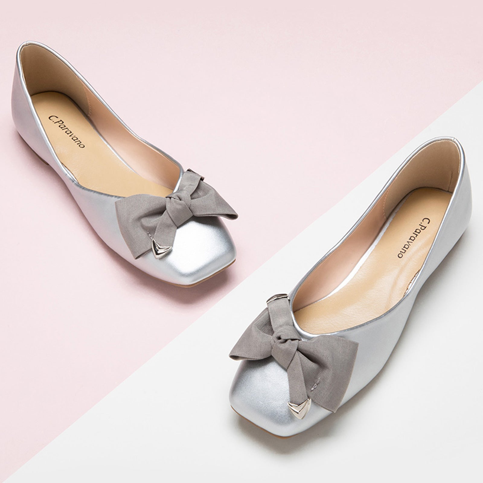 Silver Glamour: Square Flats with Shiny Bow Embellishment