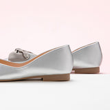 Silver Elegance: Square Flats with Subtle Metal Bow Embellishment.