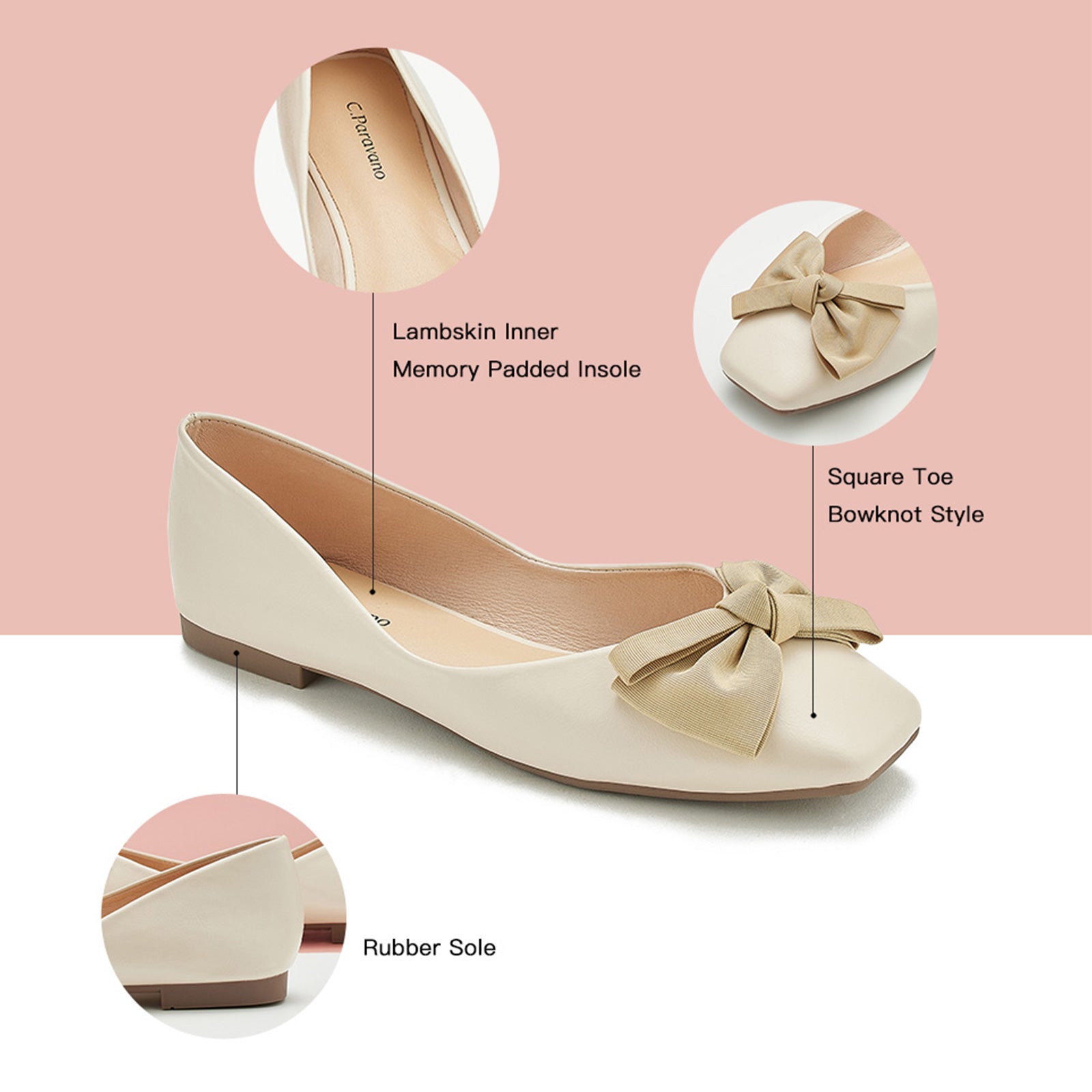 Elegant White Bowknot Square Flats in Soft Leather