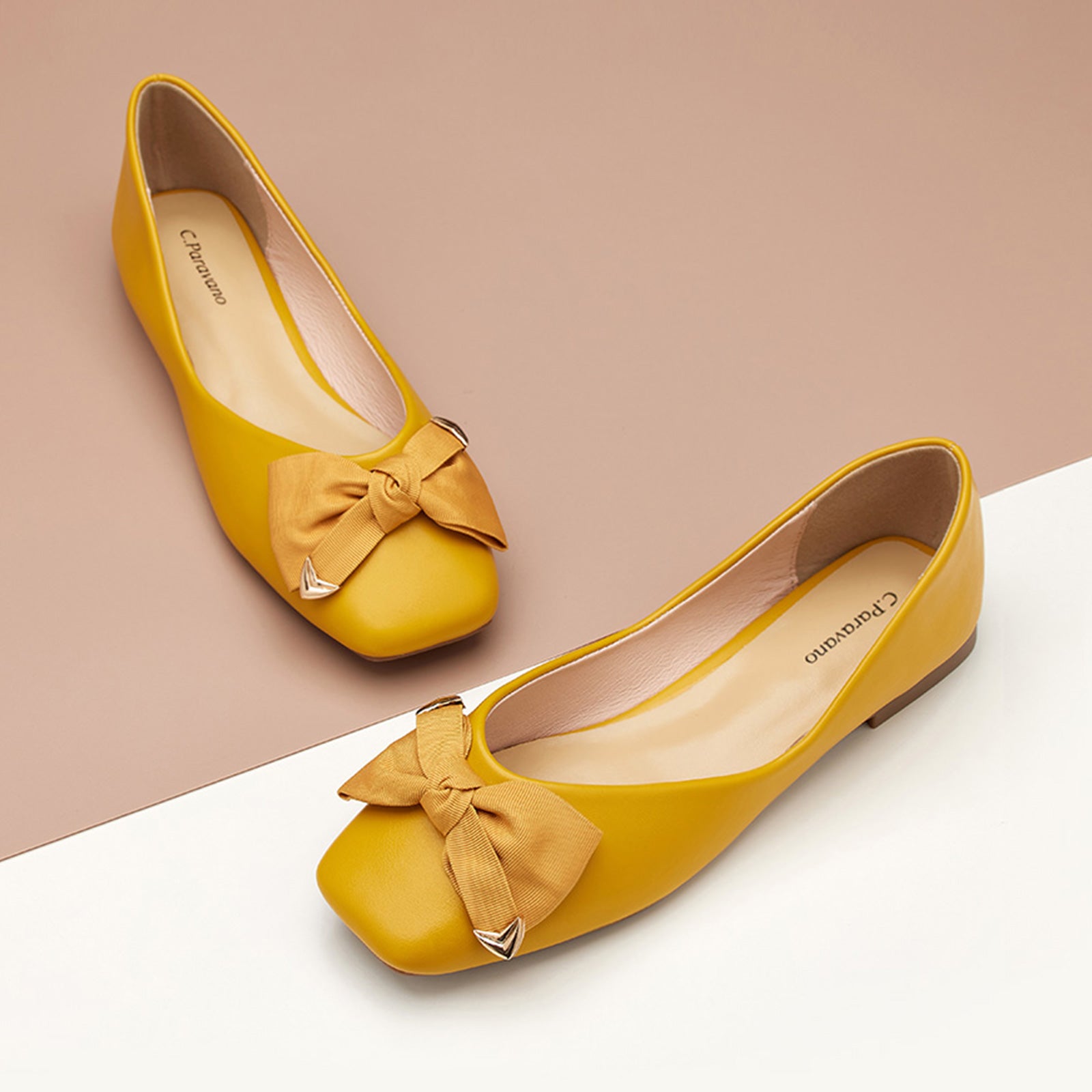 Yellow Delight: Square Flats with Bow Adornment