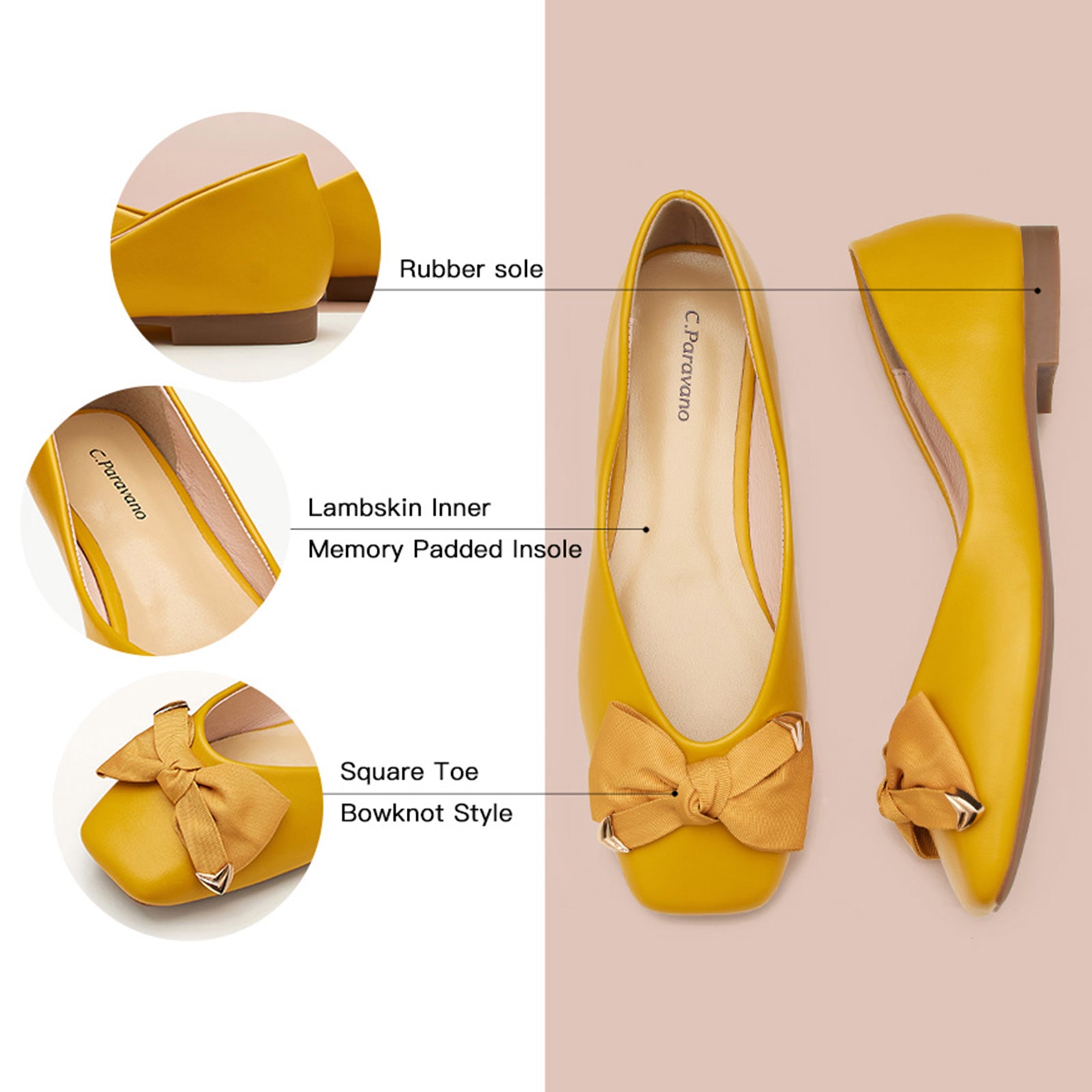 Playful Yellow Square Flats with Bow Detail
