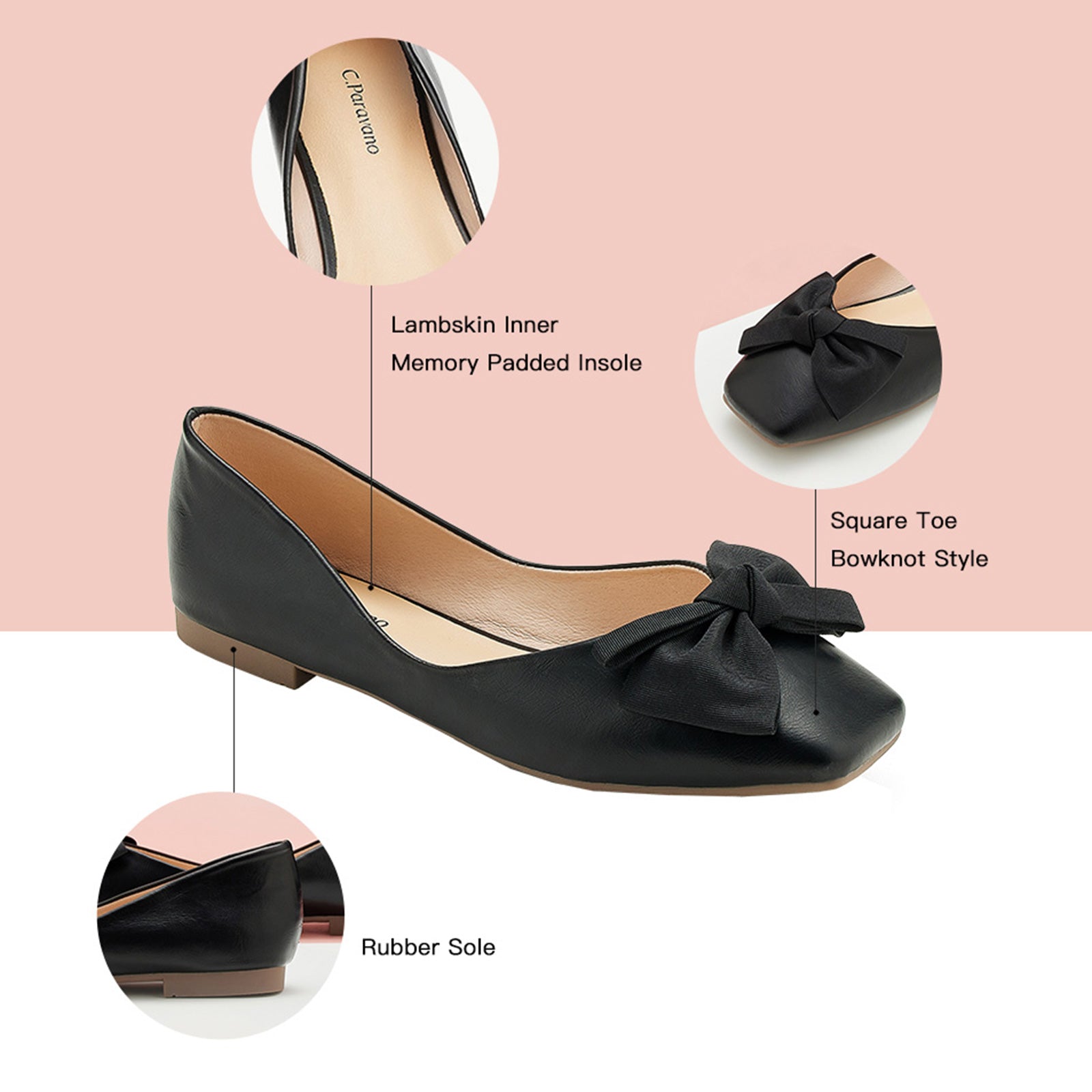 Make a sleek and stylish statement with these black square-toe flats, adorned with a chic bowknot and crafted from soft, high-quality leather for a polished look.