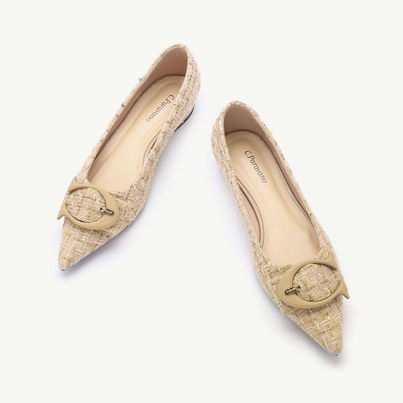 C Buckled Pointed Toe Tweed Flats