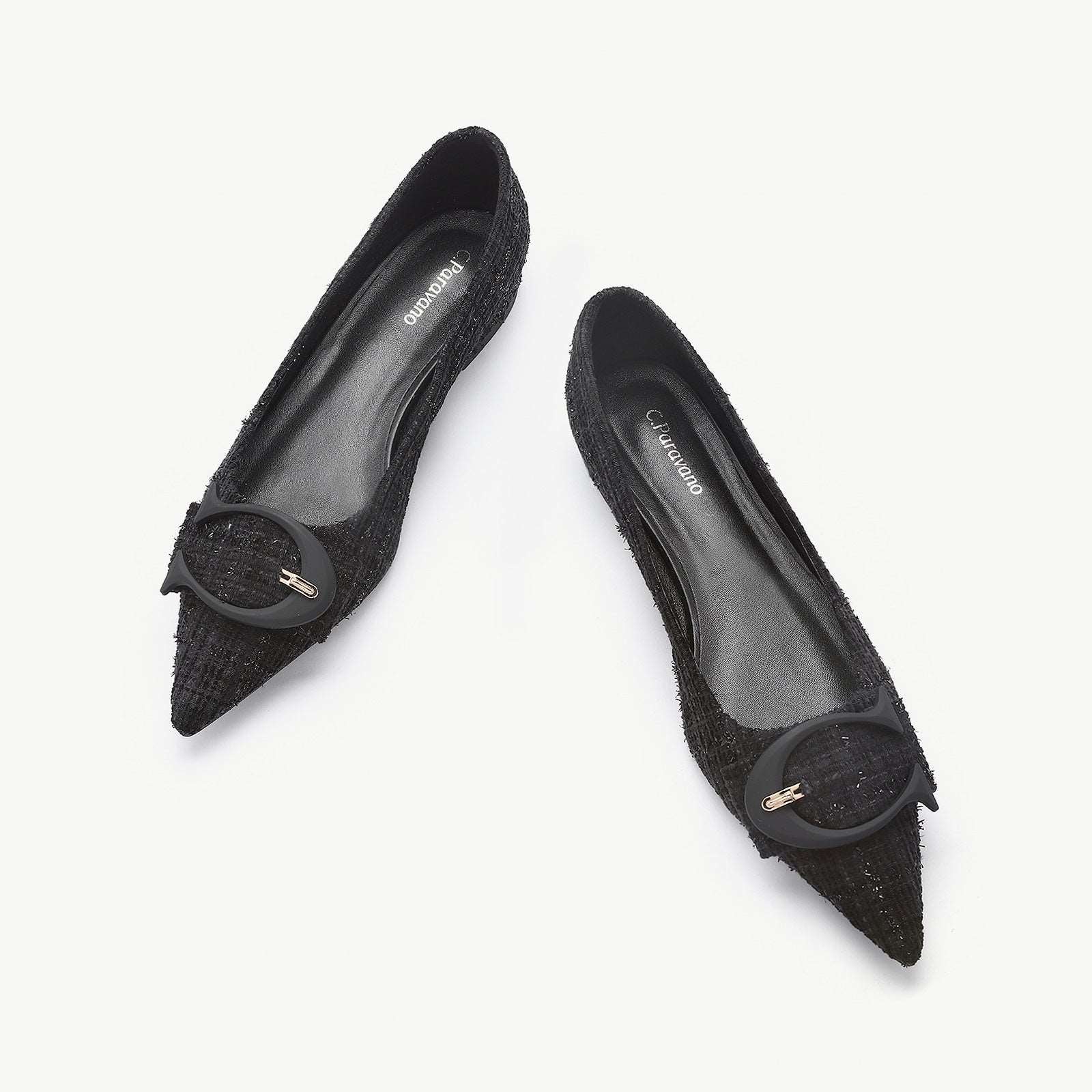 C Buckled Pointed Toe Tweed Flats