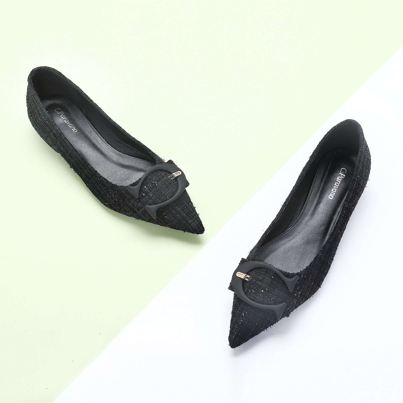 C Buckled Pointed Toe Tweed Flats