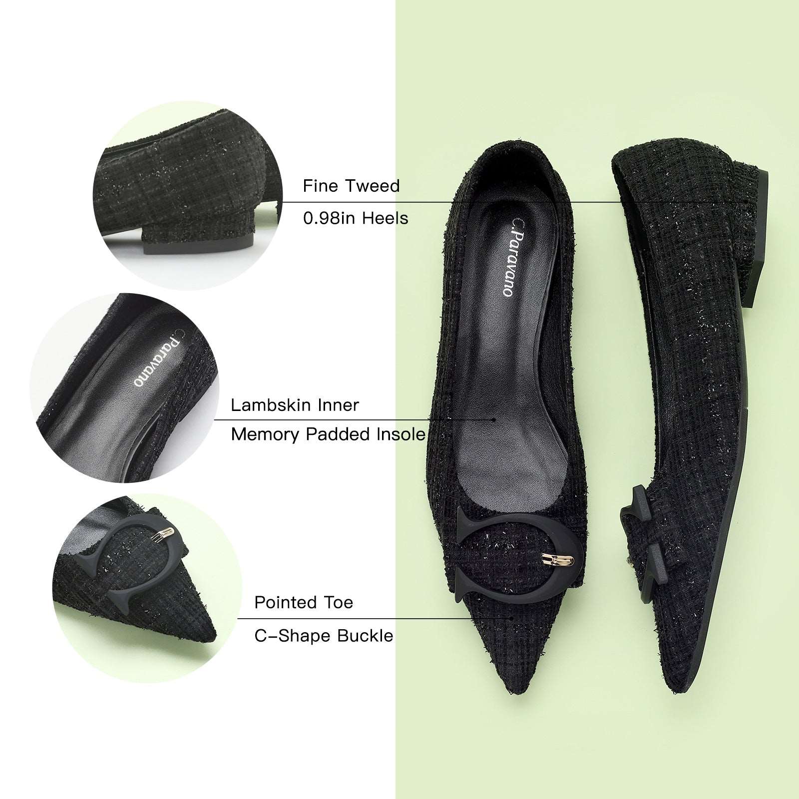 C Buckled Pointed Toe Tweed Flats