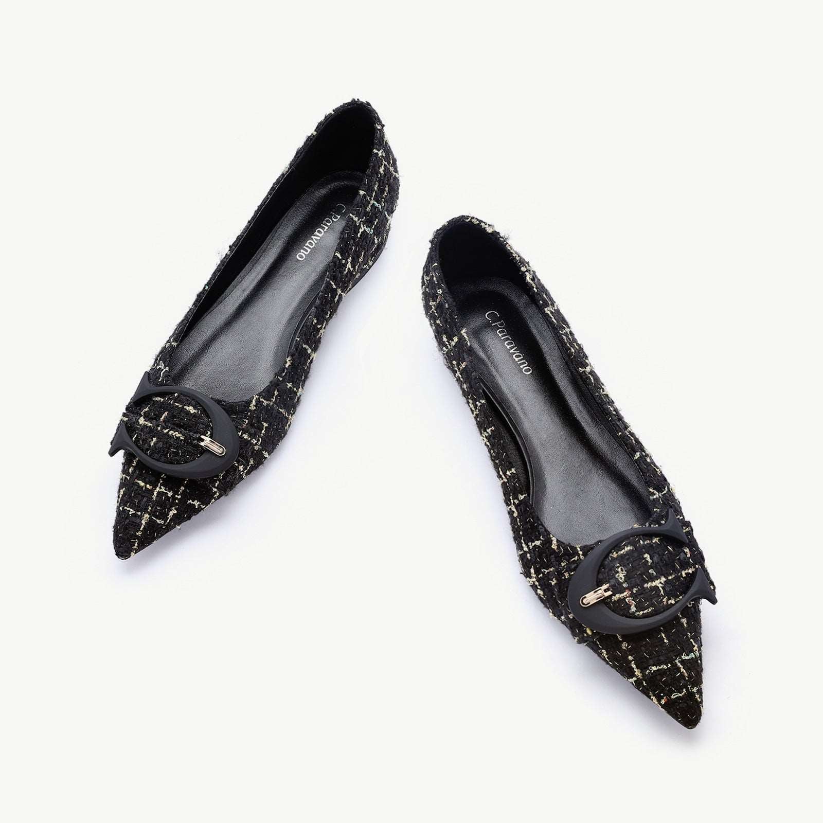 C Buckled Pointed Toe Tweed Flats