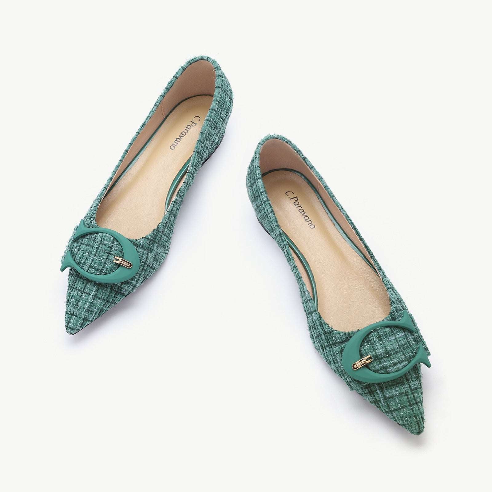 C Buckled Pointed Toe Tweed Flats