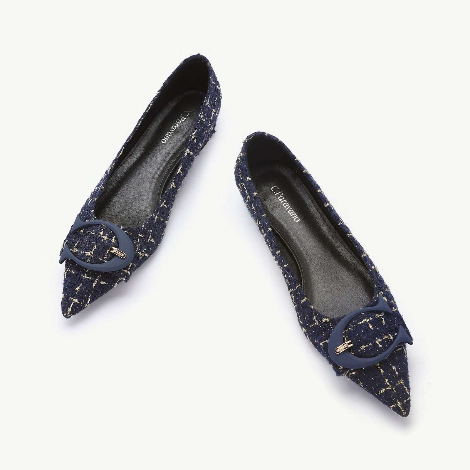 C Buckled Pointed Toe Tweed Flats