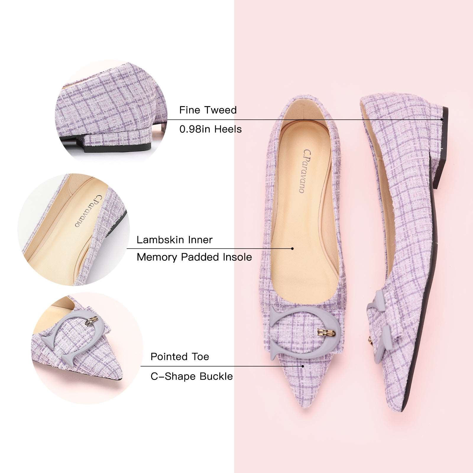 C Buckled Pointed Toe Tweed Flats