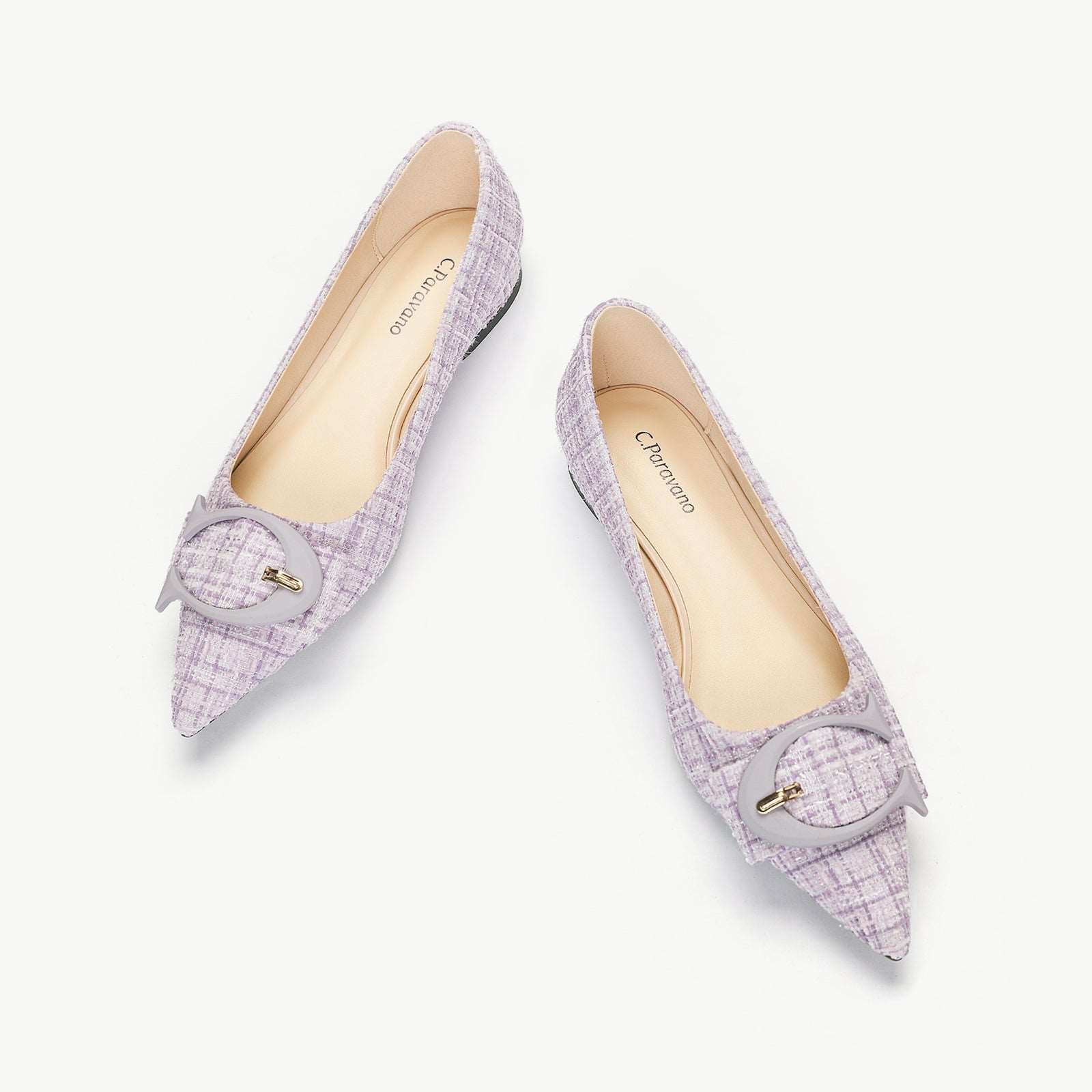 C Buckled Pointed Toe Tweed Flats