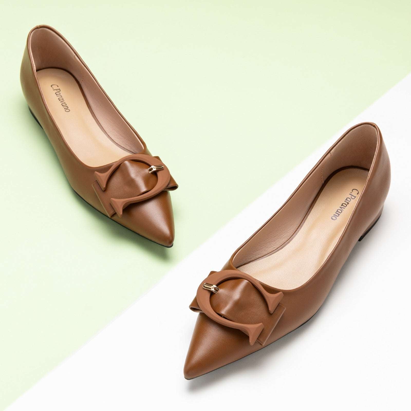 Elegant Brown C Buckled Pointed Toe Flats