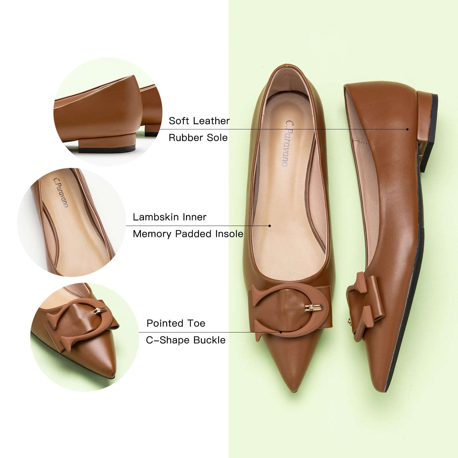 Embrace versatile and stylish flair with these brown pointed toe flats, featuring a charming C buckle detail for a timeless look.