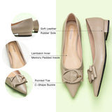Top view of sophisticated Camel flats featuring chic buckled details