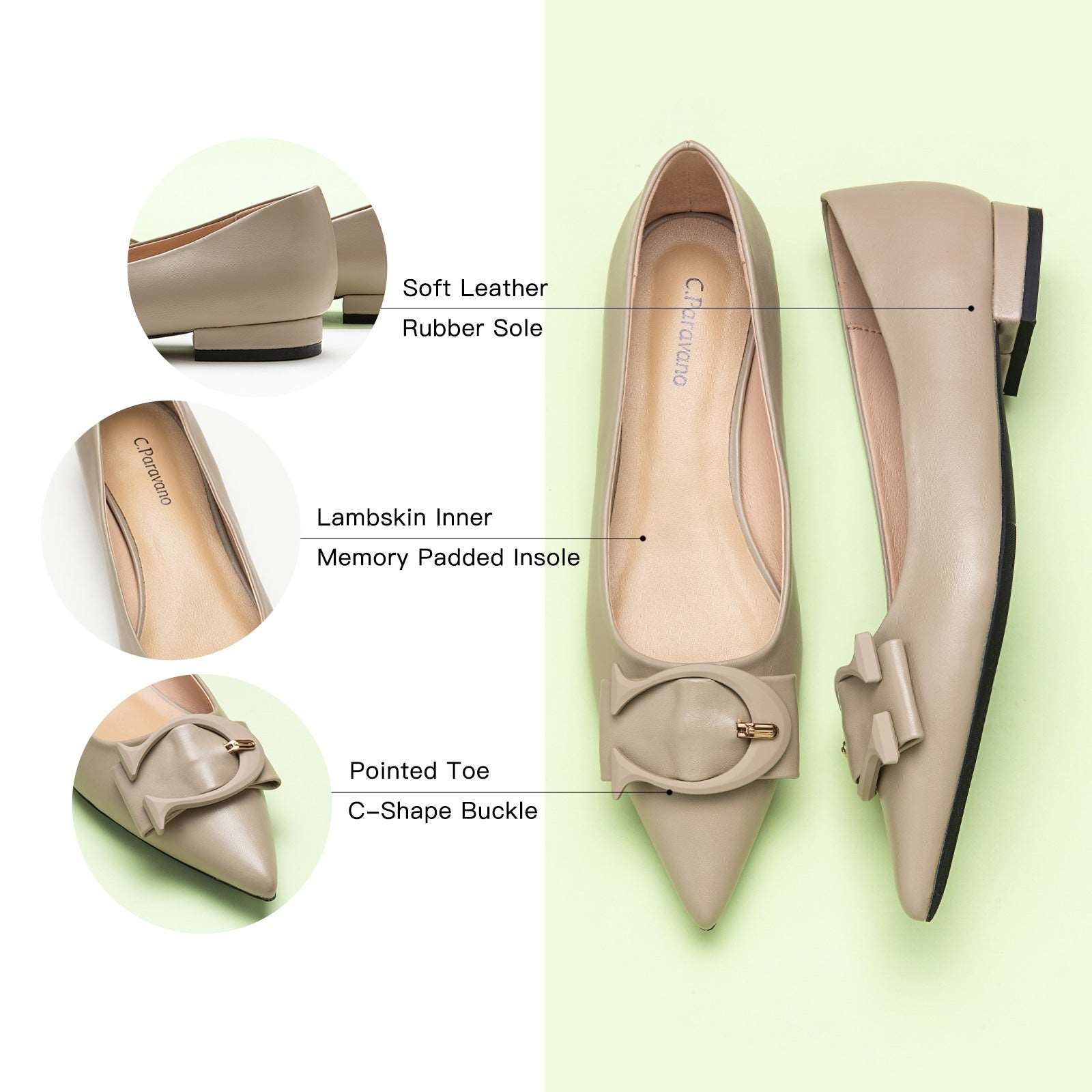 Chic Camel C Buckled Pointed Toe Flats: Modern Versatility