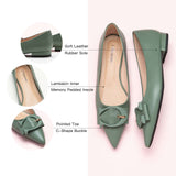 Chic Green C Buckled Pointed Toe Flats: Modern Glamour